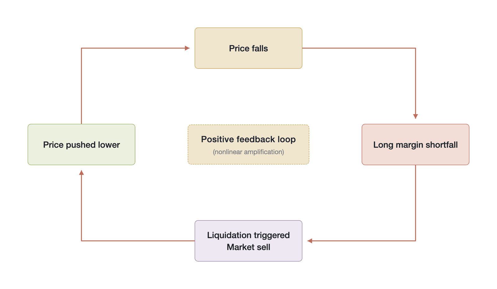 Schematic of the price–margin–liquidation positive-feedback loop in the risk-resonance state (Data source: conceptual mechanism schematic drawn by the author, not empirical data)