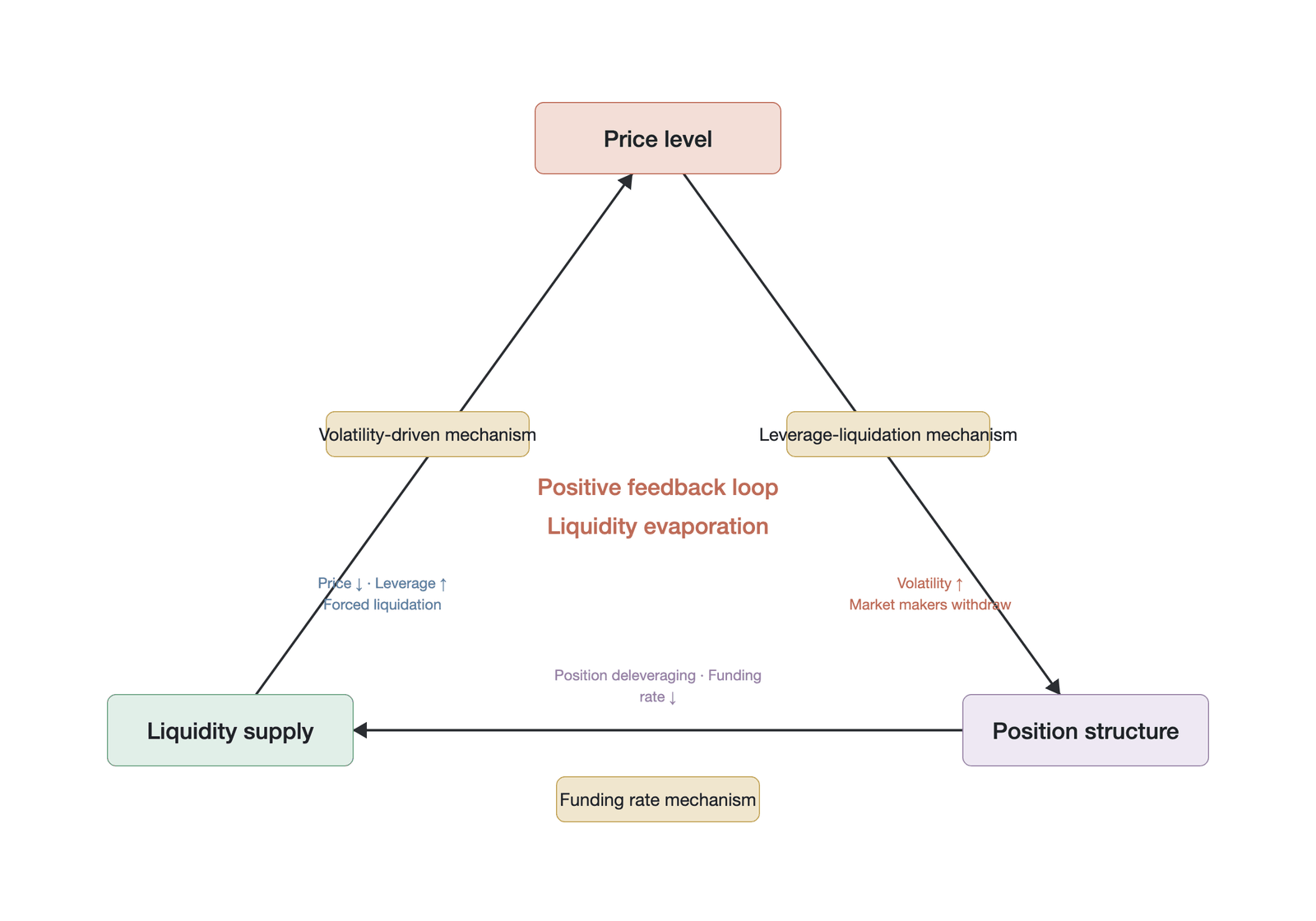 The reflexivity triangle of liquidity: the positive-feedback loops among price, volatility, and leverage