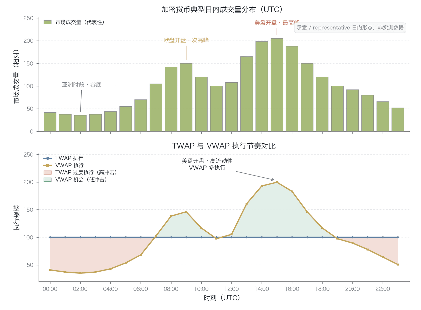 加密货币典型日内成交量分布与 TWAP/VWAP 执行节奏的对比（代表性日内成交量画像示意：曲线为典型化数值、非实测；双峰依据 Talos 2025 、Jasiak & Zhong 2024 ，DL-VWAP 依据 Genet 2025 ）